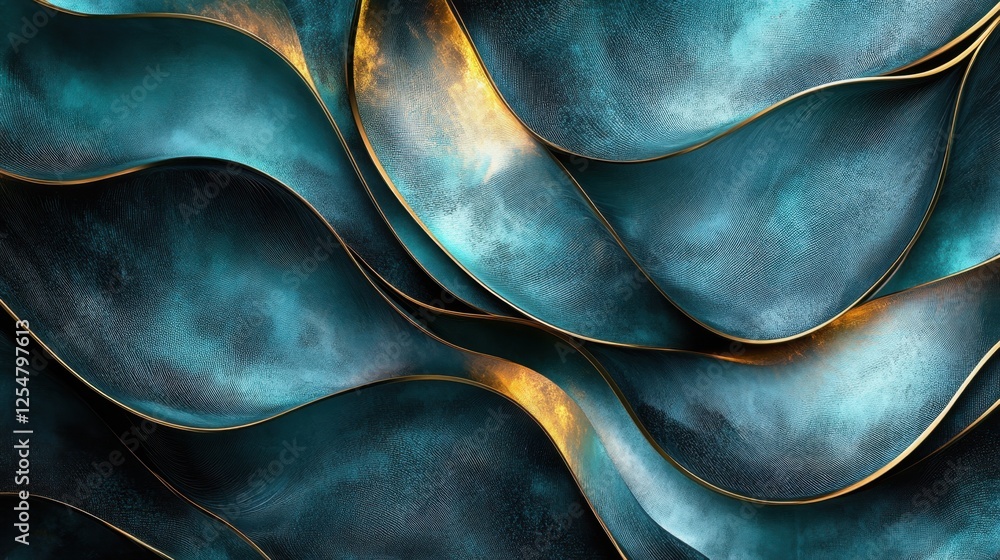 Poster flowing waves of vibrant blue and gold create an enchanting abstract design that captivates the sens