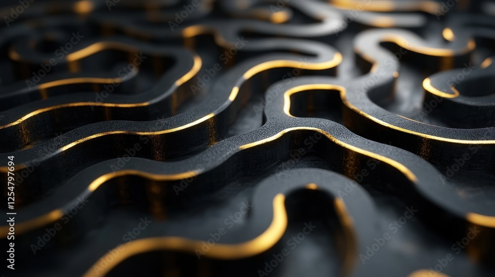 Poster swirling patterns of gold and black create a mesmerizing abstract design in a sleek artistic display