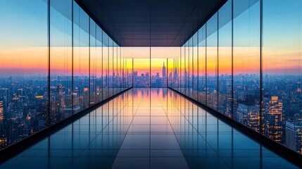 Obraz premium Empty modern office space with panoramic city view at sunset, glass walls reflecting cityscape, dramatic lighting, contemporary design, urban