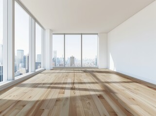 Obraz premium Empty room with large windows overlooking a city skyline