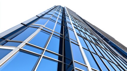 Obraz premium Low angle view of a modern skyscraper with glass facade, reflecting a clear blue sky. The building's exterior features numerous rectangular glass