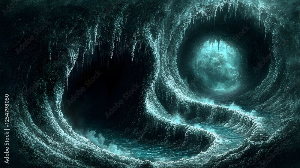 Aufkleber mysterious wave patterns flowing through dark tunnels illuminated by an eerie light from above.