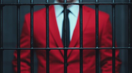 A man in a striking red suit stands behind bars, conveying themes of confinement and elegance in a dramatic setting.