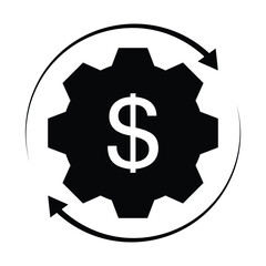 A vector of a solid black gear with a dollar sign in the center with two arrows circling around it.
