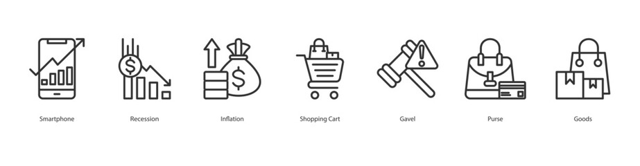 Poverty Reduction Icon Sheet Smartphone, Recession, Inflation, Shopping Cart, Gavel, Purse, Goods