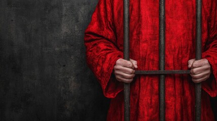 Fototapeta premium A person in a red robe grips prison bars, symbolizing entrapment or confinement against a dark, textured background.