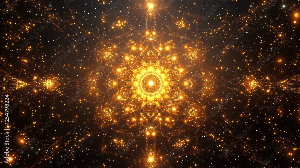 Poster golden cosmos radiating light and energy in a mesmerizing display of interconnected stars and patter