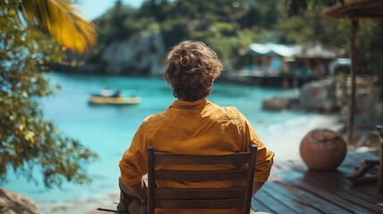Photograph of a digital nomad in a minimalist travel workspace, using lightweight tech in a vibrant open-air environment, embracing mobility, productivity, and modern remote work