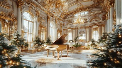 Naklejka premium A grand ballroom, decorated with golden ornaments and Christmas trees featuring twinkling lights. A grand piano is centrally located, bathed in