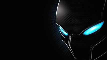 A sleek, futuristic mask with glowing blue eyes emerges from the darkness, exuding an aura of mystery and power
