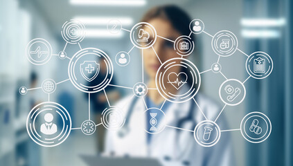 A healthcare professional engages with advanced technology, utilizing digital tools for AI diagnostics and virtual care. Background hints at a modern healthcare facility focusing on innovation