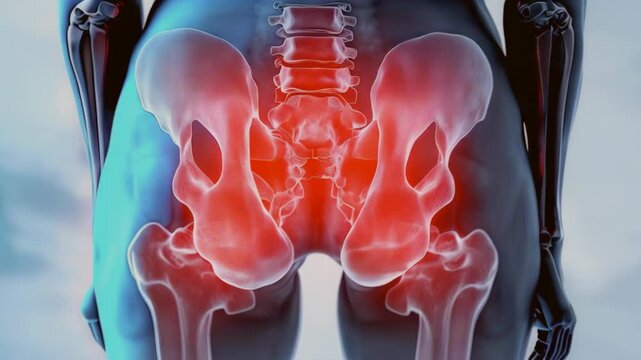 X-ray of the human hip joint on a gray background, with the painful areas highlighted in red. The image shows osteoarthritis in the hip joints of a woman, with the affected regions marked in red
