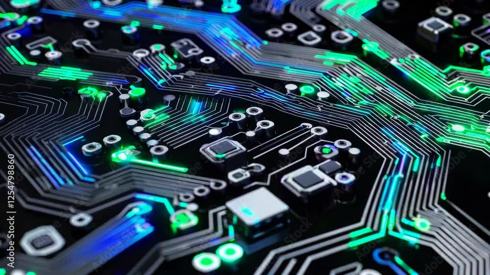 Aufkleber circuit board with glowing neon pathways, close-up view. futuristic technology and innovation concep