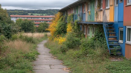 Fototapeta premium Overgrown pathway between colorful, weathered apartment buildings under overcast sky. Tall grass and bushes line the walkway. A faded pathway