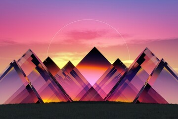 Fototapeta premium Geometric mountain range at sunset, vibrant pink and orange hues, minimalist design.