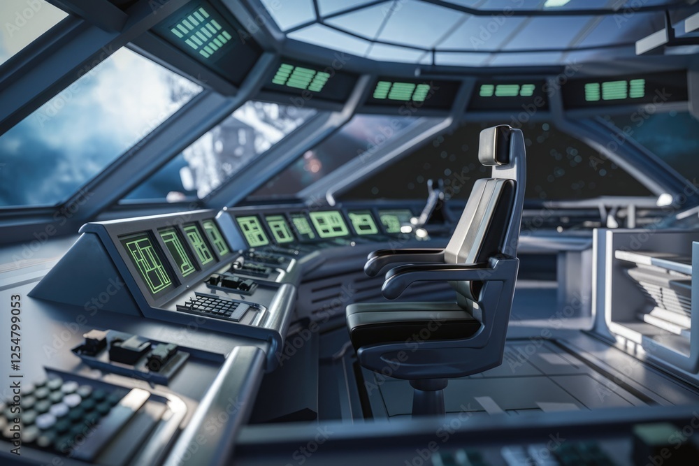 Poster futuristic spaceship bridge with control panels and a captain's chair overlooking space.