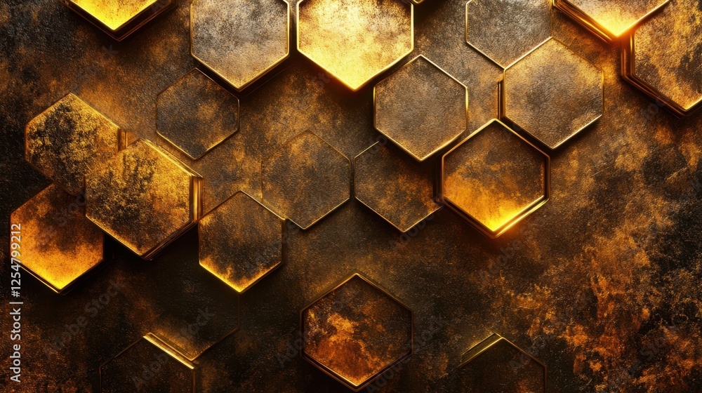 Poster intricate patterns of golden hexagons embellish a textured background with warm hues and artistic fl