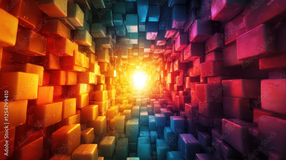 Poster vibrant journey through a tunnel of colorful blocks illuminated by a bright light at the end