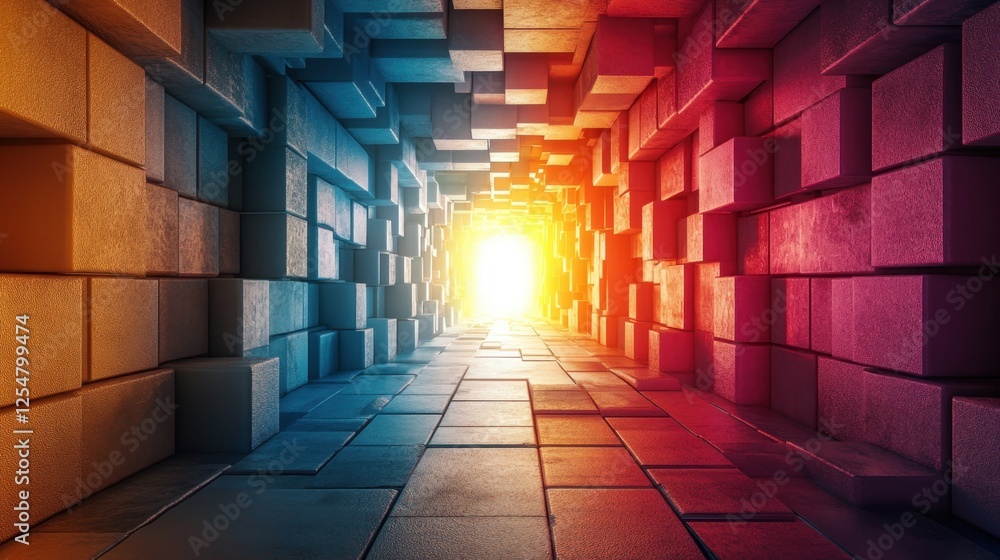 Poster vibrant corridor of light and color inviting exploration through abstract cubic forms