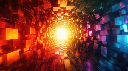 Obraz premium Vibrant journey through a glowing tunnel filled with colorful cubes transformed by light at dusk