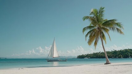 Obraz premium Tropical Beach With Sailboat And Palm Tree