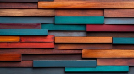 Vibrant arrangement of colorful wooden planks creating a textured wall backdrop for design