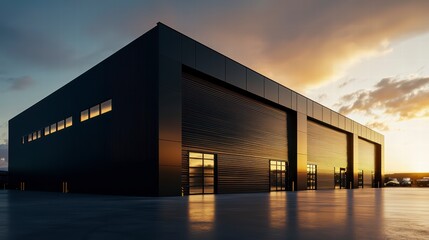 Fototapeta premium Modern Industrial Building at Sunset: A sleek, black industrial building with large hangar-style doors stands majestically against a vibrant sunset sky. The architectural design is clean and modern.