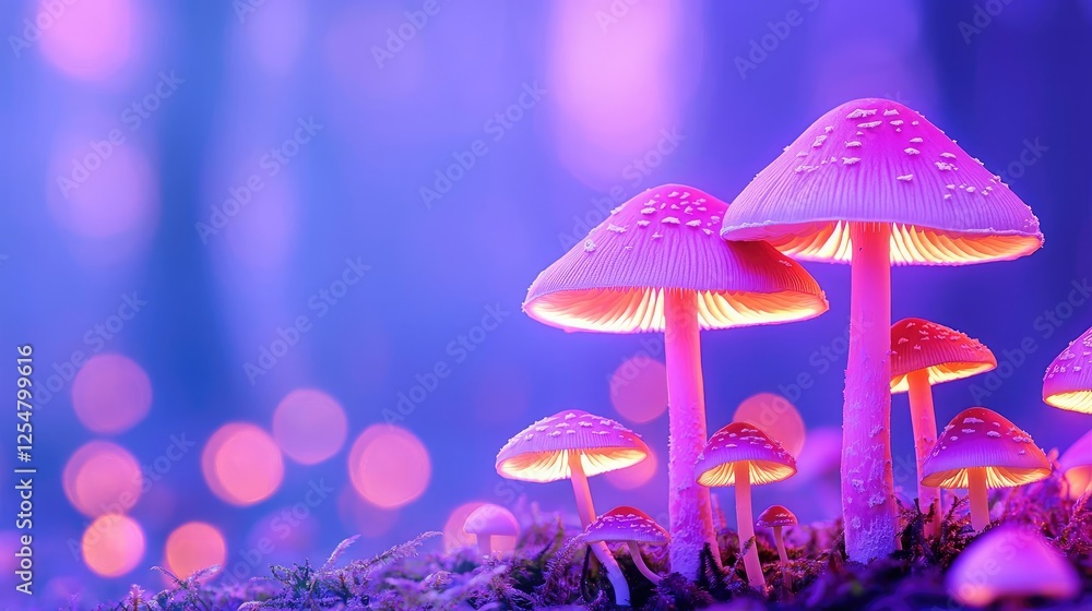 Poster glow forest concept. vibrant glowing mushrooms in a mystical forest setting with soft bokeh backgrou
