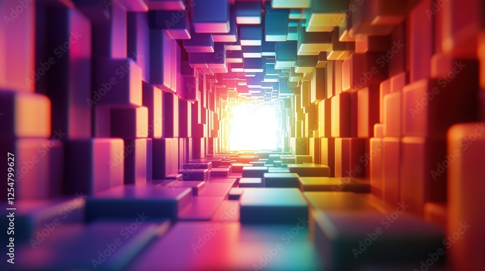 Poster exploring a vibrant tunnel of colorful cubes leading into a luminous horizon filled with endless pos