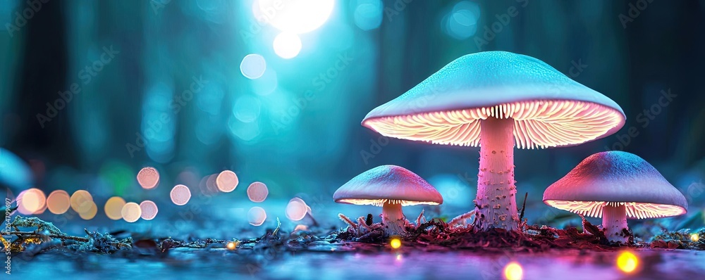 Poster glow forest idea. enchanting mushrooms glow softly under a mystical forest light, creating a magical