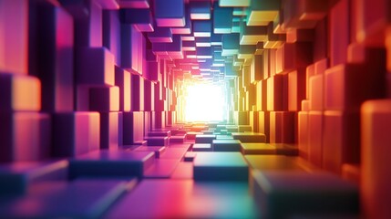 Exploring a vibrant tunnel of colorful cubes leading into a luminous horizon filled with endless possibilities