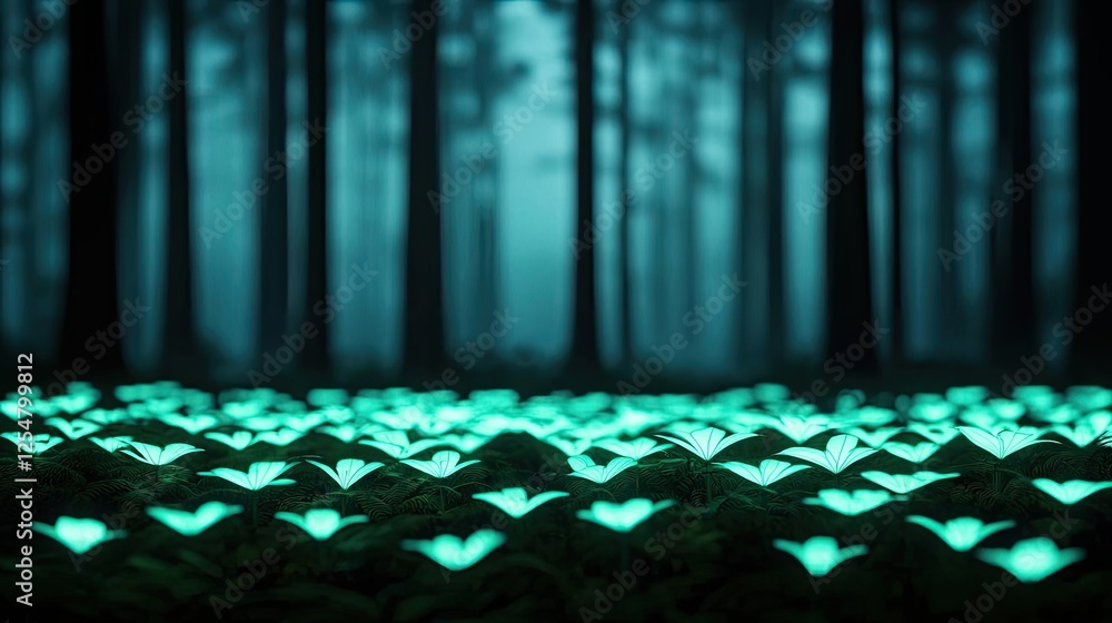 Poster glow forest concept. illuminated plants glowing in a dark forest, creating a mystical and enchanting
