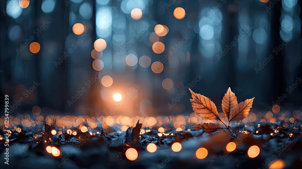Poster glow forest idea. a glowing autumn leaf surrounded by soft bokeh lights in a tranquil forest setting