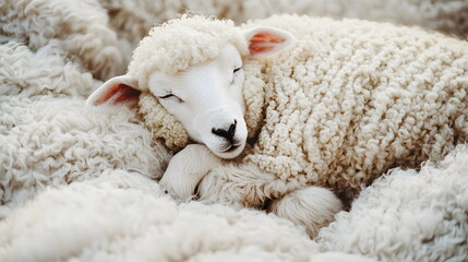 Naklejka premium Fluffy sheep resting peacefully among soft, woolly surroundings in a serene outdoor setting.