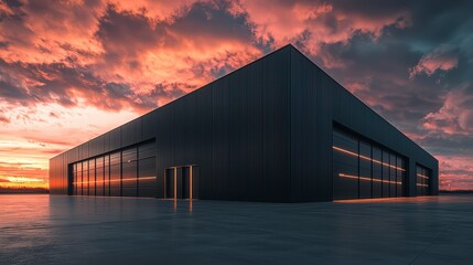 Fototapeta premium Modern Hangar at Dusk: A sleek, black hangar with expansive glass doors stands silhouetted against a dramatic, fiery sunset sky.