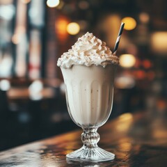 Creamy milkshake in cafe, bokeh background