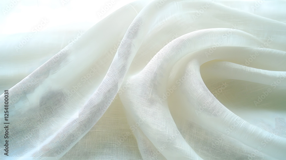 Aufkleber sheer white fabric draping softly with subtle texture and gentle folds illuminated by bright light.
