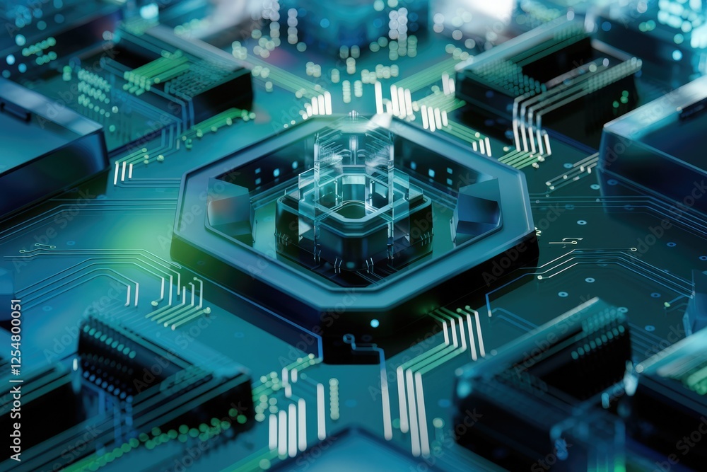 Poster A close-up view of a computer's motherboard, showcasing its intricate circuitry and technological components.