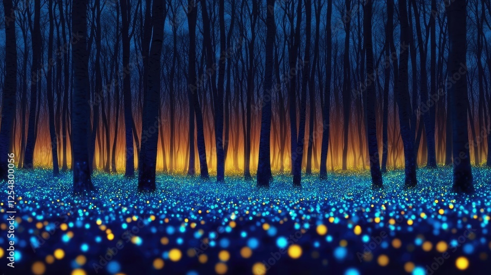 Poster glow forest concept. a mystical forest with glowing lights creating a magical atmosphere at twilight