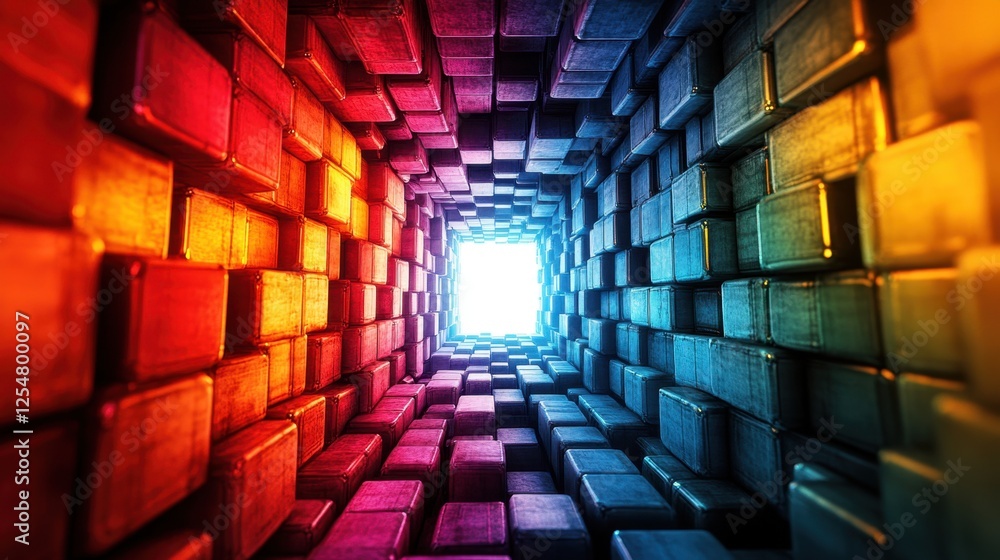 Poster vibrant journey through a colorful tunnel lined with geometric blocks glowing brightly at the end