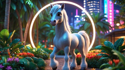 A whimsical white pony stands gracefully amidst vibrant flowers under a glowing circle, set against a colorful city skyline at night filled with lush greenery