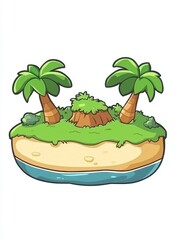 Obraz premium Pixel art island, stylized tropical island, green vegetation, sandy beach, two palm trees, simple design, cartoonish style, isolated on white