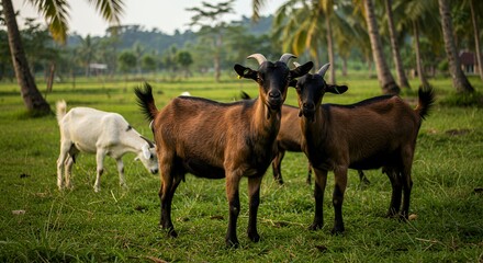 Two Brown Goats in a Lush Green Field with Palm Trees