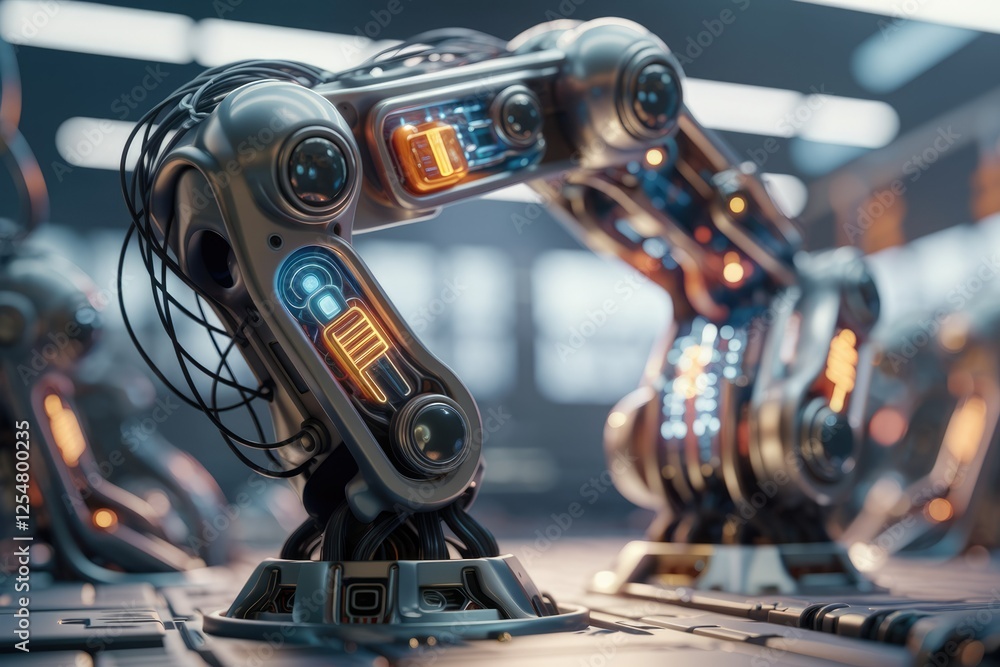 Poster Advanced robotic arms in a futuristic factory setting, showcasing intricate design and glowing internal components.