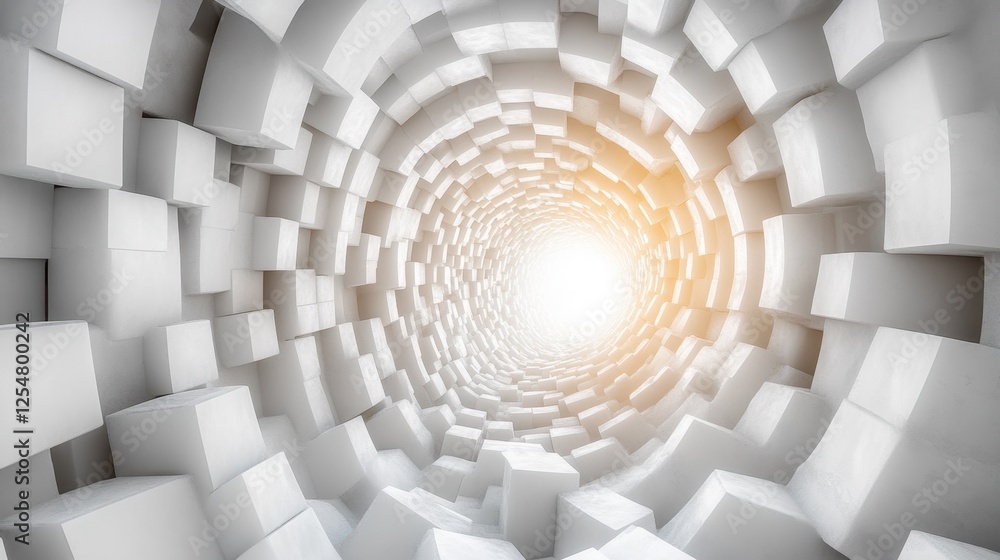 Poster journey through a mesmerizing tunnel of white cubes illuminated by warm light, inviting exploration 