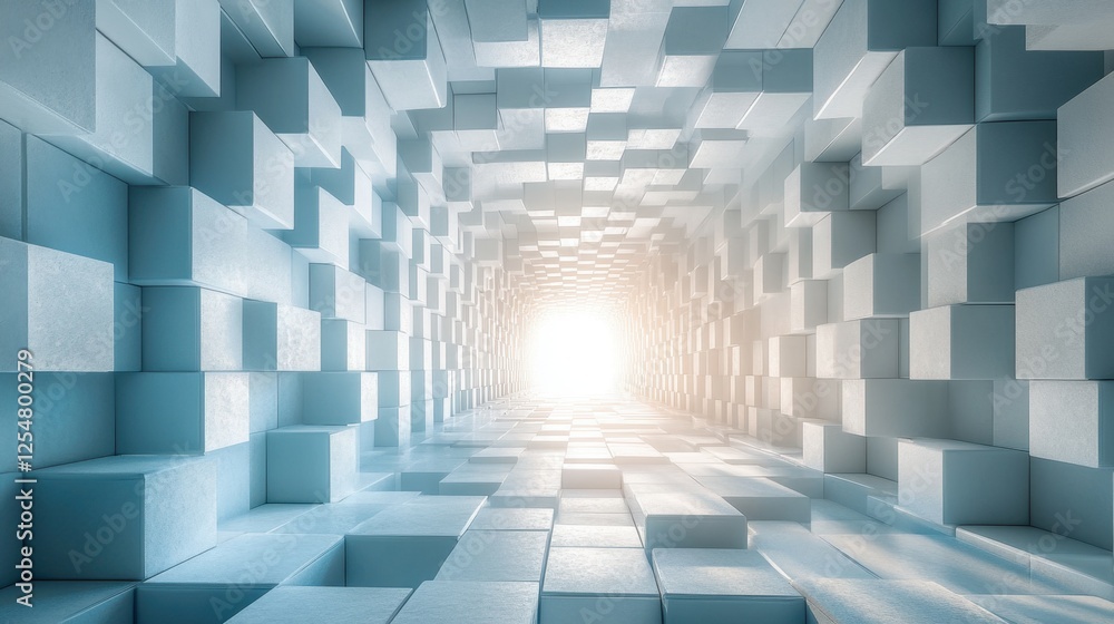 Aufkleber light emerges through a corridor of blocks resembling a futuristic tunnel of serenity and innovation