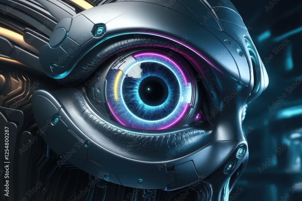 Poster a close-up of a futuristic robotic eye with glowing neon rings, showcasing intricate metallic detail