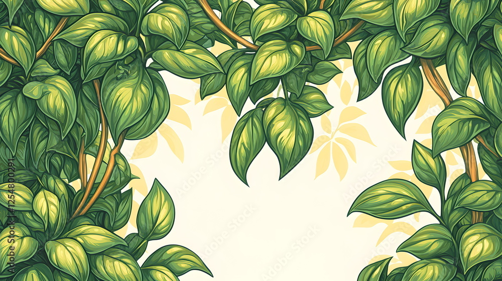Poster lush green leaves entwined with branches creating a vibrant botanical frame against a soft backgroun
