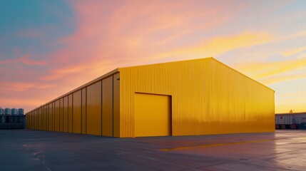 Obraz premium Sunset Warehouse: A vibrant yellow warehouse stands majestically against a breathtaking sunset, showcasing modern industrial architecture and the promise of efficient logistics.