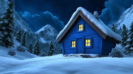 Fototapeta premium Charming blue pixelated house nestled in snowy mountain landscape at night, illuminated windows, starry night sky, snowy peaks, pixel art style